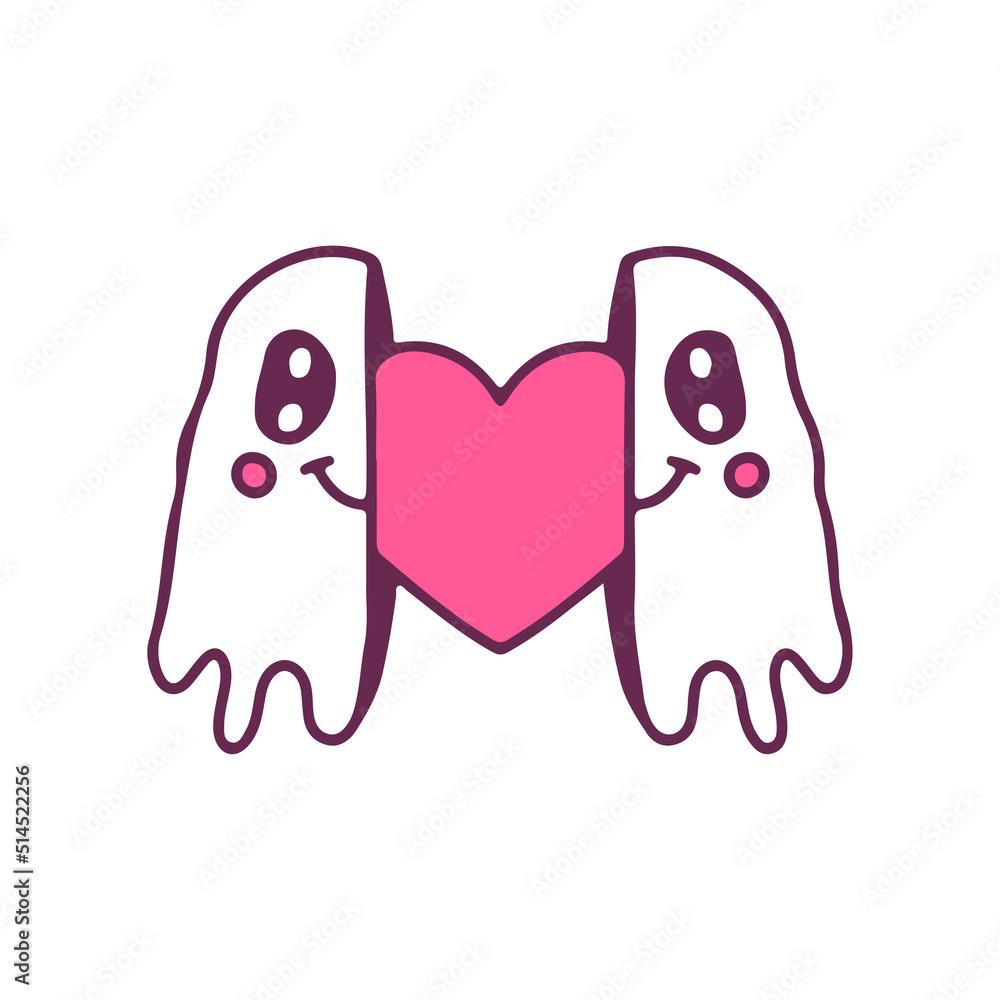 Two half of ghost with heart inside, illustration for t-shirt, street wear, sticker, or apparel merchandise. With doodle, retro, and cartoon style.