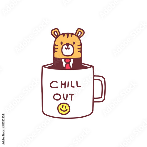 Cute tiger wearing tuxedo inside a cup of coffee, illustration for t-shirt, sticker, or apparel merchandise. With doodle, retro, and cartoon style.