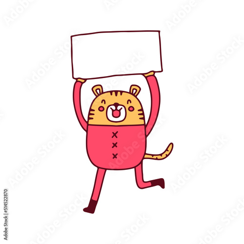 Cute tiger holding empty banner, illustration for t-shirt, sticker, or apparel merchandise. With doodle, retro, and cartoon style.