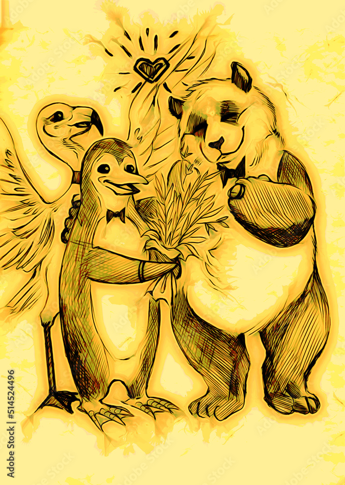 Cute illustration of a panda and a penguin that are getting married ...