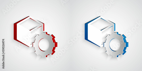 Paper cut Isometric cube icon isolated on grey background. Geometric cubes solid icon. 3D square sign. Box symbol. Paper art style. Vector