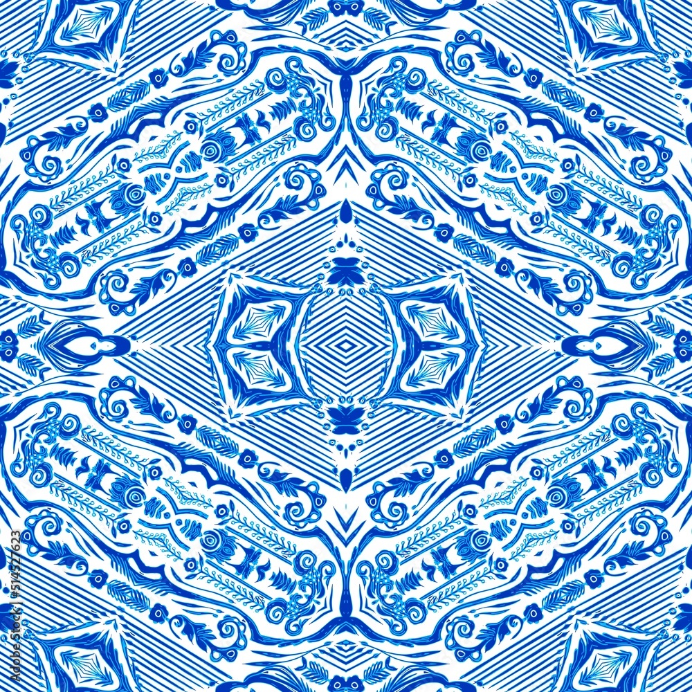 Obraz Blue white watercolor azulejos tile background. Seamless coastal geometric floral mosaic effect. Ornamental arabesque all over summer fashion damask repeat fototapeta, plakat