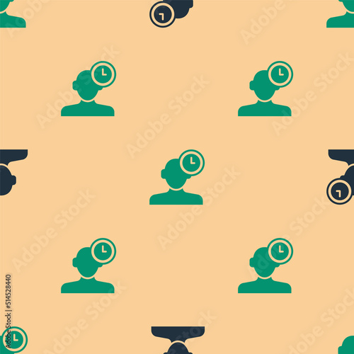 Green and black Insomnia icon isolated seamless pattern on beige background. Sleep disorder with capillaries and pupils. Fatigue and stress. Vector