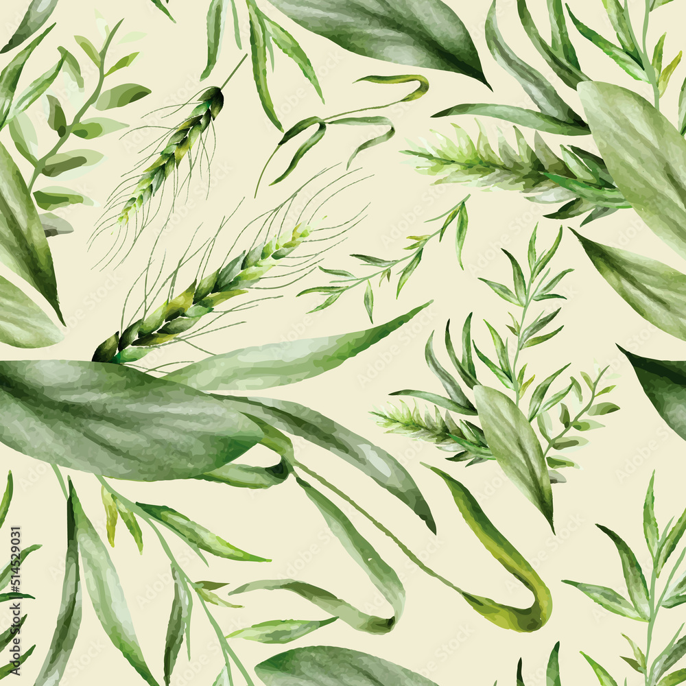 Fototapeta premium Elegant seamless pattern greenery leaves watercolor design