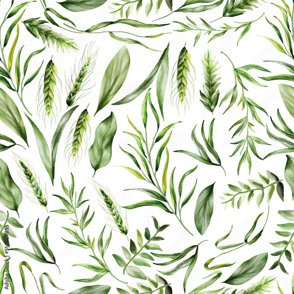 Fototapeta premium Elegant seamless pattern greenery leaves watercolor design