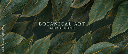 Luxury botanical art background with tropical green leaves with golden elements in line style. Design with tree leaves for decoration, print, wallpaper, invitations