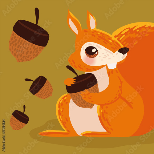 cute squirrel and autumn acorns