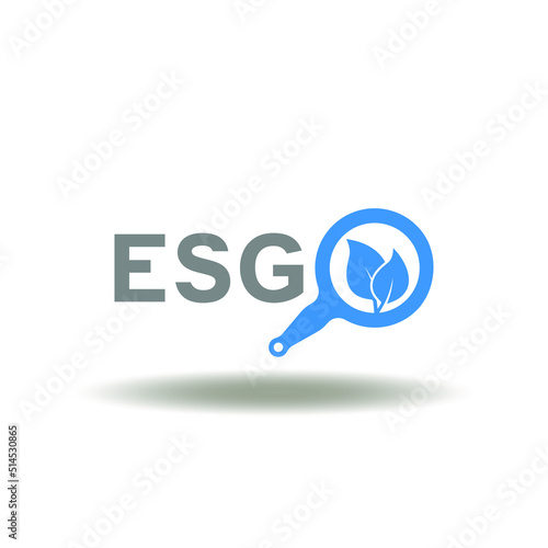 Vector illustration of ESG abbreviation with magnifier and leaves. Icon of Environmental, Social, Governance. Symbol of company performance standards of ecology, social sphere, management, investment.