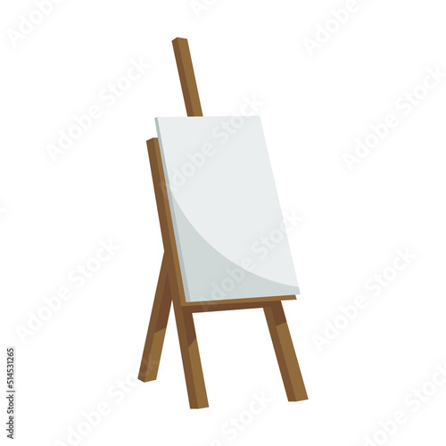 Empty canvas on wooden easel. Wooden brown easel. Blank art board. Mock up white canvas for painting.