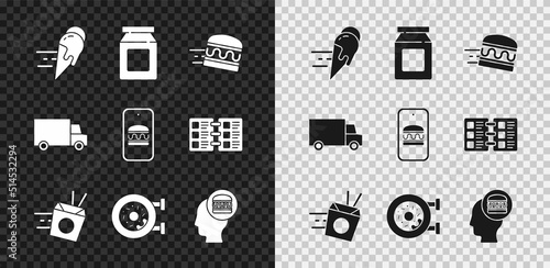 Set Online ordering ice cream, and delivery, burger, noodles, Donut, Fast by car and icon. Vector