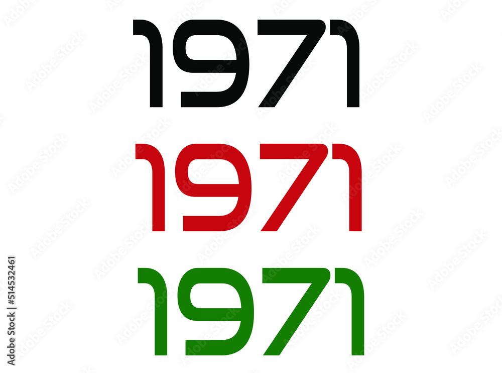 1971 year. Year set for comemoration in black, red and green. Vetor with background white.