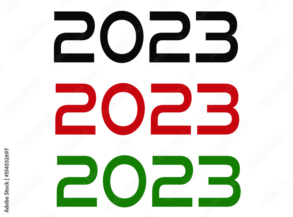 2023 year. Year set for comemoration in black, red and green. Vetor with background white. 2023 year. Year set for comemoration in black, red and green. Vetor with background white.
