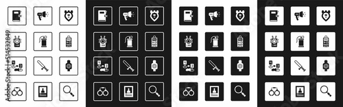 Set Police badge, Hand smoke grenade, body camera, station folder, Dictaphone, megaphone, Human target sport for shooting and Marker of crime scene icon. Vector