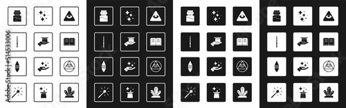 Set Masons, Magician hat in hand, wand, Bottle with potion, Ancient magic book, Sparkle stars, and Wizard warlock icon. Vector