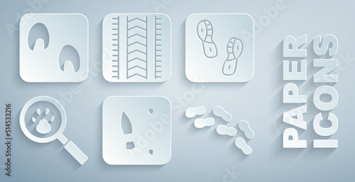 Set Human footprints shoes, Paw search, Tire track and Horse paw icon. Vector