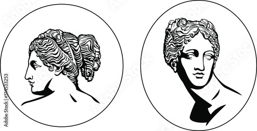 Set of Bust of Venus de Milo. Aphrodite - goddess of love. Vector drawing. Antique collection.