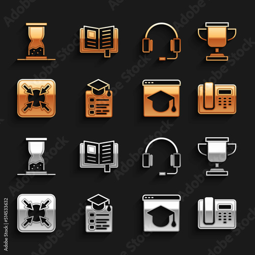 Set Online education, Award cup, Telephone 24 hours support, Target, Headphones, Old hourglass with sand and Reading book icon. Vector