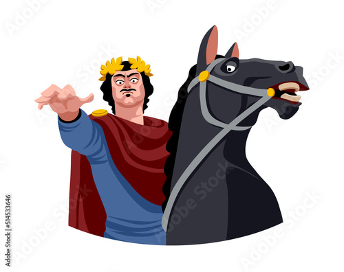 The Russian Emperor. Peter the Great on horseback. A living statue of the bronze Horseman. Color vector illustration isolated on a white background in a cartoon and flat design.