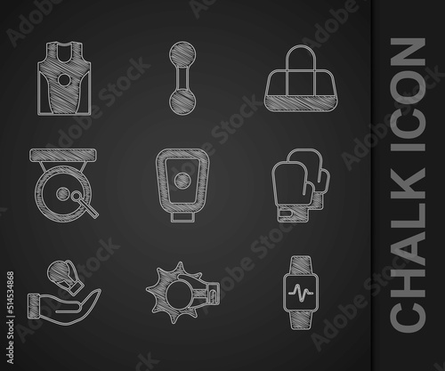 Set Boxing training paws, Punch boxing glove, Smart watch with heart, gong, Sport bag and jersey and t-shirt icon. Vector