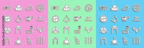 Set line Airport runway, Aircraft steering helm, Plane takeoff, Sun and cloud weather, Jet fighter, Compass, Airline ticket and Helicopter icon. Vector