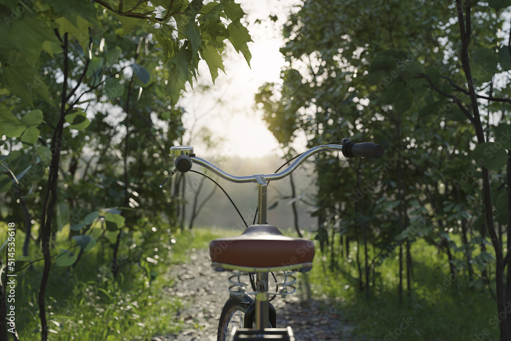 3d rendering of handlebar of bicycle in front of forest path