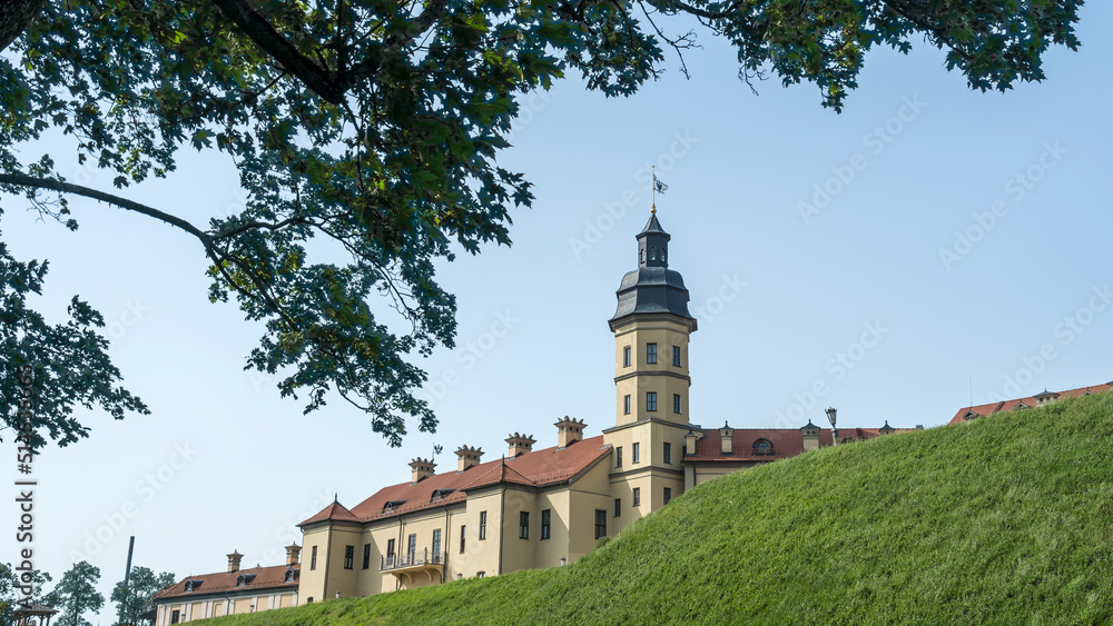 Public place of Nesvizh Castle, Belarus. Medieval castle and palace. Restored medieval fortress. Heritage concepts.