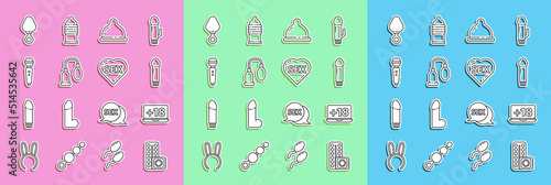 Set line Birth control pills and condom, Laptop with 18 plus content, Dildo vibrator, Condom, Penis pump, Anal plug and Heart text Sex icon. Vector