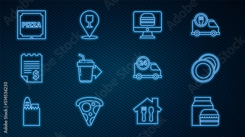 Set line Online ordering and burger delivery, Plate, Coffee cup to go, Paper financial check, Pizza cardboard box, Fast by and Alcohol beer bar location icon. Vector