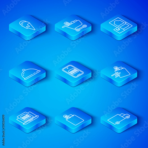 Set line Online ordering burger delivery, and, Covered with tray of food, Ice cream and Fast by car icon. Vector