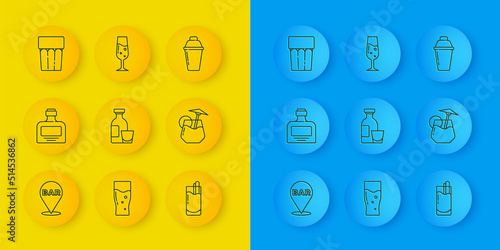 Set line Alcohol bar location, Whiskey bottle, drink Rum, Cocktail Bloody Mary, Glass with water, shaker and of champagne icon. Vector