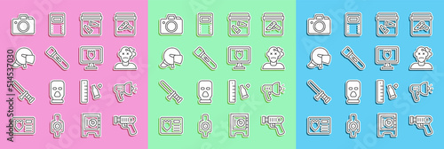 Set line Police electric shocker, megaphone, Murder, Evidence bag with bullet, Flashlight, helmet, Photo camera and database icon. Vector