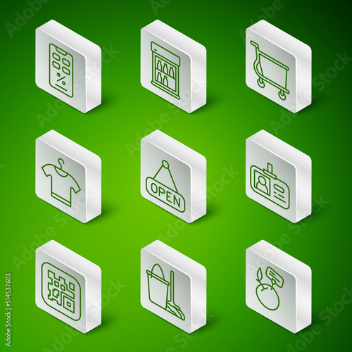 Set line Supermarket food products with price label, Mop and bucket, Percent discount mobile, Hanging sign Open, T-shirt, Commercial refrigerator, QR code and Identification badge icon. Vector