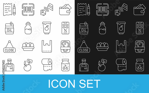 Set line Jam jar, Meat packaging steak, Percent discount and mobile, POS terminal with credit card, Spice can, Bottle of olive oil, Shopping list pencil and Yogurt container icon. Vector