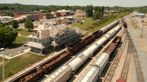 Aerial drone video Tennessee Overhill Heritage Association train station and depot photo