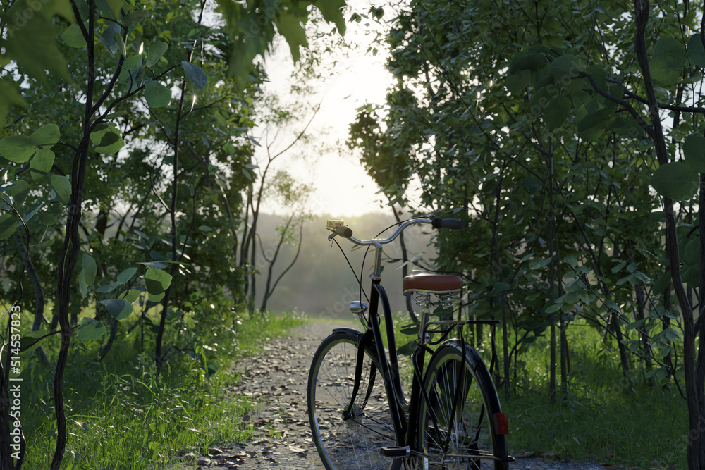 3d rendering of standing bicycle in front of forest path