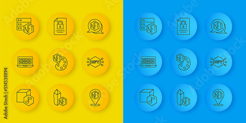Set line NFT Digital crypto art, Binary code, blockchain technology, and Document and icon. Vector