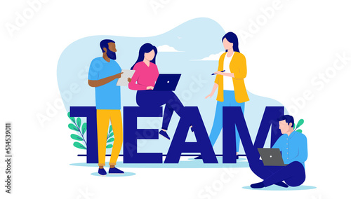Business team - People in casual clothing working, standing and sitting on the word team. Flat design vector illustration with white background