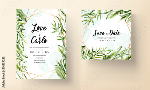 Wedding invitation card template with beautiful greenery leaves