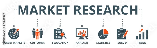 Market research banner web icon vector illustration concept with icon of target markets, customer, evaluation, analysis, statistics, survey and trend © Galuh Sekar