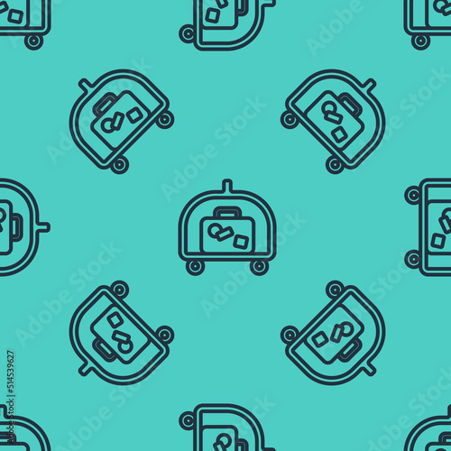 Black line Hotel luggage cart with suitcase icon isolated seamless pattern on green background. Traveling baggage sign. Travel luggage icon. Vector