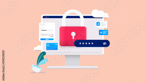 Computer security - Desktop PC with password protection and padlock, online safety concept, vector illustration