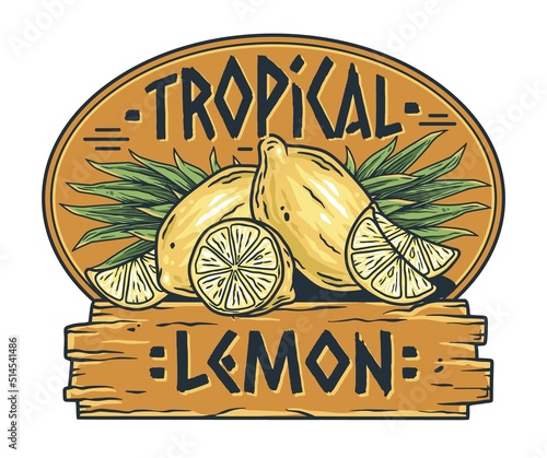 Summer lemon fruit print. Tropical exotic fruits with palms