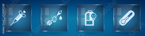 Set Syringe, Poison on the arrow, Beaker with toxic liquid and Thermometer. Square glass panels. Vector
