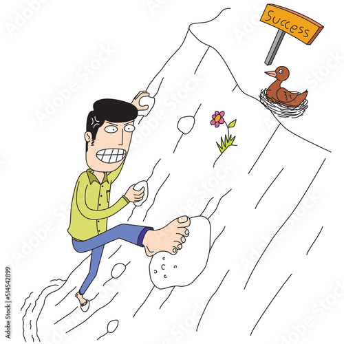 brave man looking for a way to success by climbing a cliff