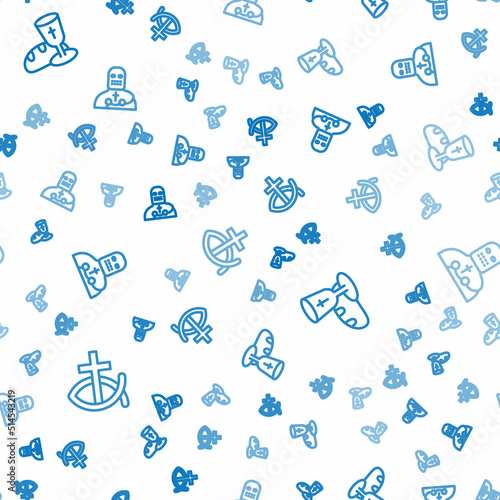 Set line Christian fish, Goblet and bread and Knight crusader on seamless pattern. Vector