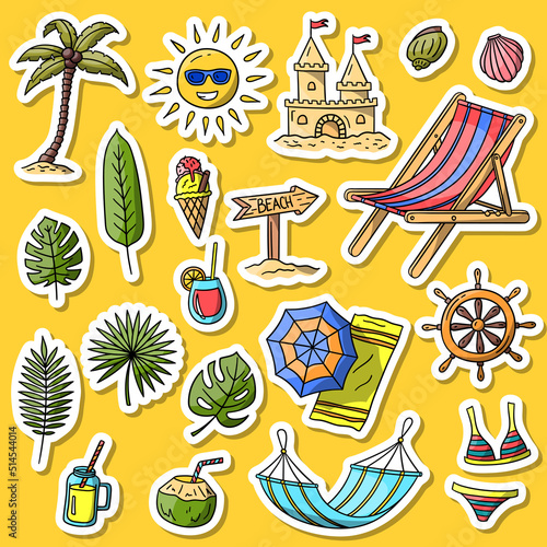 Vector hand drawn summer doodle color sticker set. Collection includes road sign, bikini, ship rudder, palm leaves and hammock elements photo