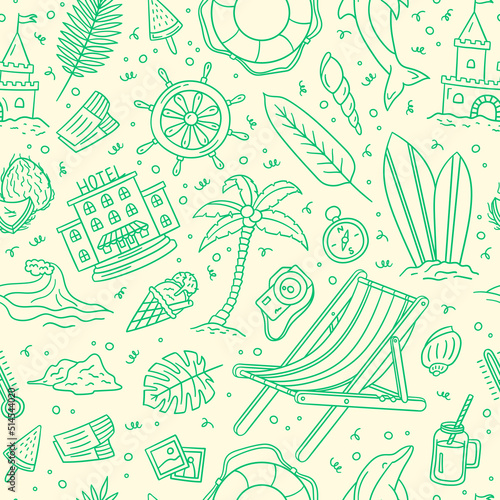Vector hand drawn summer doodle seamless pattern background. Includes cute cartoon style surfboard, camera, sandcastle, lifebuoy, coconut, photo, dolphin objects photo