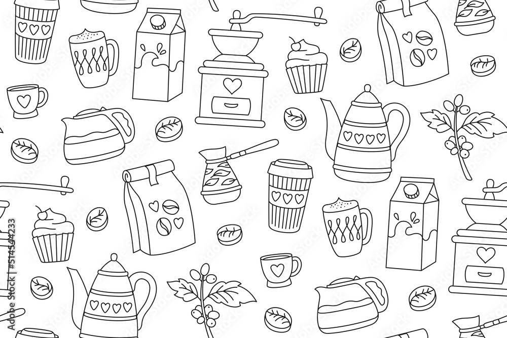 Coffee breakfast doodle seamless pattern. Cartoon cup drink, beans and cezve pot. Cappuccino espresso mug boundless ornament. Linear vector endless design paper scrapbook coffeehouse menu