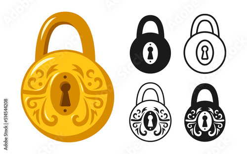 Lock round golden vintage icon set. Old padlock for safety and security symbol protection design element. Metal cartoon shiny locks sign for logo, game, web or app ui locking privacy or encryption