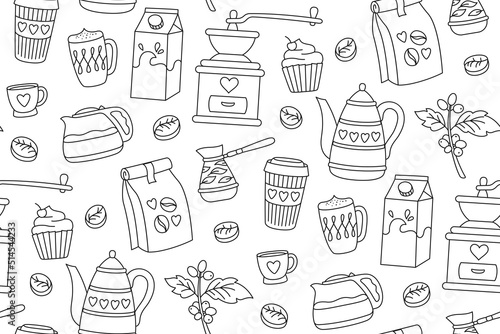 Coffee breakfast doodle seamless pattern. Cartoon cup drink, beans and cezve pot. Cappuccino espresso mug boundless ornament. Linear vector endless design paper scrapbook coffeehouse menu